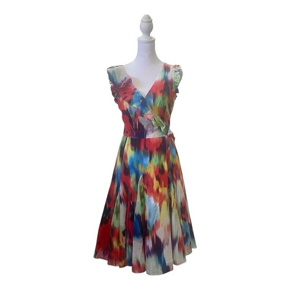 Ted Baker London UK Sz 2 Abstract Art Print Silk Blend Ruffle Wrap Dress US Sz 4